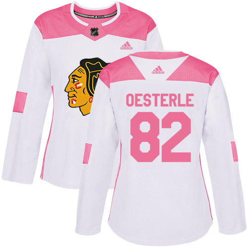 Women's Adidas Chicago Blackhawks #82 Jordan Oesterle Authentic White/Pink Fashion NHL Jersey