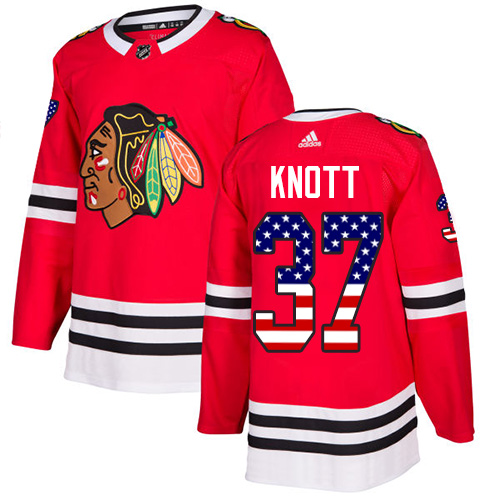 Men's Adidas Chicago Blackhawks #37 Graham Knott Authentic Red USA Flag Fashion NHL Jersey