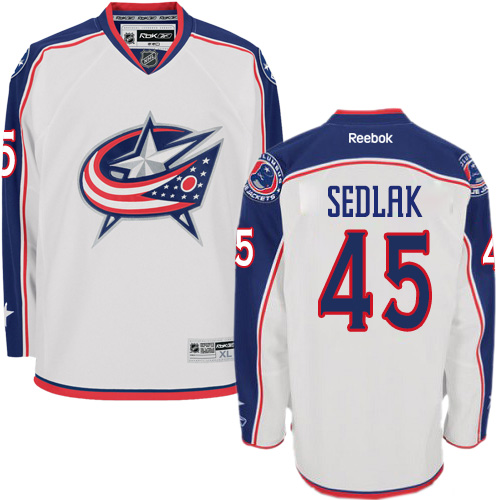 Men's Reebok Columbus Blue Jackets #45 Lukas Sedlak Authentic White Away NHL Jersey