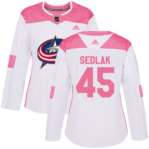Women's Adidas Columbus Blue Jackets #45 Lukas Sedlak Authentic White/Pink Fashion NHL Jersey