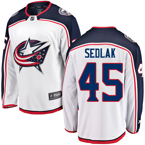 Men's Columbus Blue Jackets #45 Lukas Sedlak Authentic White Away Fanatics Branded Breakaway NHL Jersey