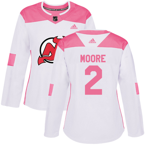 Women's Adidas New Jersey Devils #2 John Moore Authentic White/Pink Fashion NHL Jersey
