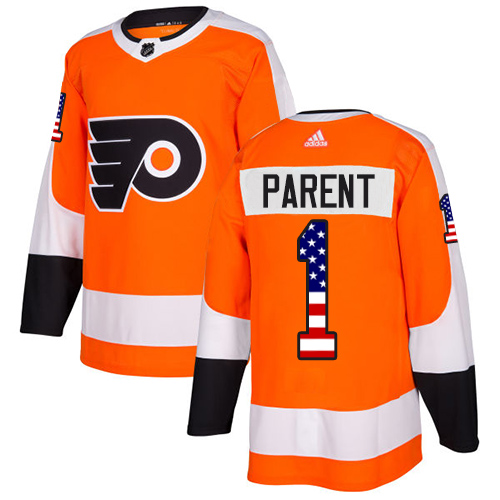 Men's Adidas Philadelphia Flyers #1 Bernie Parent Authentic Orange USA Flag Fashion NHL Jersey