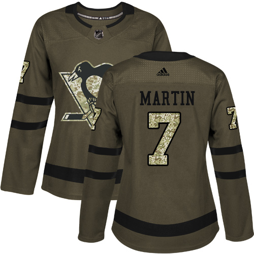 Women's Adidas Pittsburgh Penguins #7 Paul Martin Authentic Green Salute to Service NHL Jersey