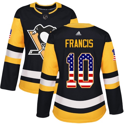 Women's Adidas Pittsburgh Penguins #10 Ron Francis Authentic Black USA Flag Fashion NHL Jersey