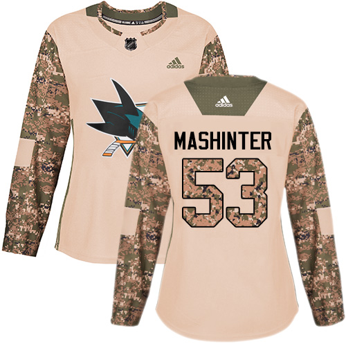 Women's Adidas San Jose Sharks #53 Brandon Mashinter Authentic Camo Veterans Day Practice NHL Jersey