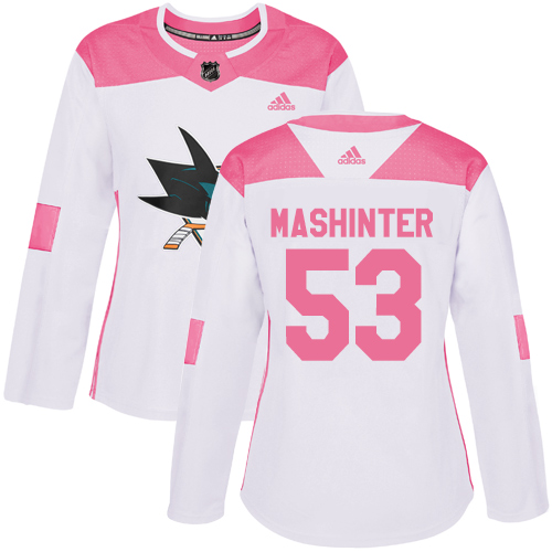 Women's Adidas San Jose Sharks #53 Brandon Mashinter Authentic White/Pink Fashion NHL Jersey