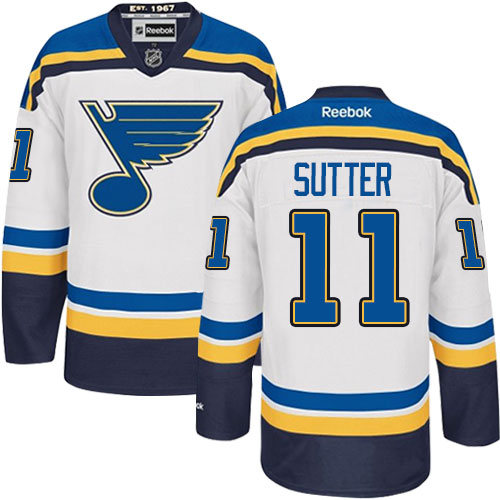 Men's Reebok St. Louis Blues #11 Brian Sutter Authentic White Away NHL Jersey