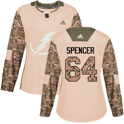 Women's Adidas Tampa Bay Lightning #64 Matthew Spencer Authentic Camo Veterans Day Practice NHL Jersey