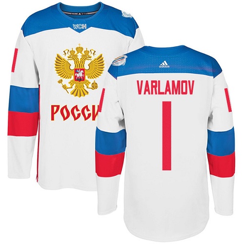 Men's Adidas Team Russia #1 Semyon Varlamov Authentic White Home 2016 World Cup of Hockey Jersey