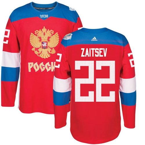 Men's Adidas Team Russia #22 Nikita Zaitsev Premier Red Away 2016 World Cup of Hockey Jersey