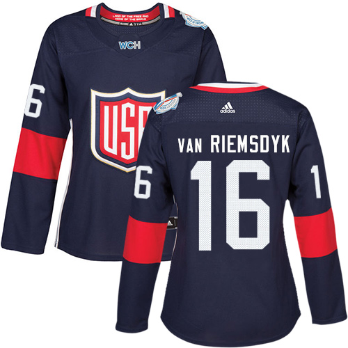 Women's Adidas Team USA #16 James van Riemsdyk Authentic Navy Blue Away 2016 World Cup of Hockey Jersey