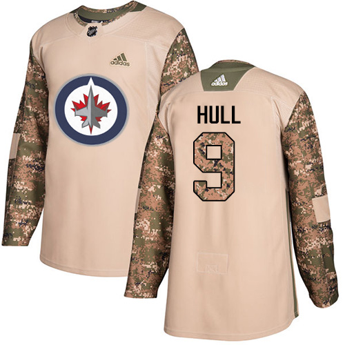 Men's Adidas Winnipeg Jets #9 Bobby Hull Authentic Camo Veterans Day Practice NHL Jersey
