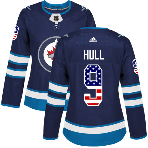 Women's Adidas Winnipeg Jets #9 Bobby Hull Authentic Navy Blue USA Flag Fashion NHL Jersey