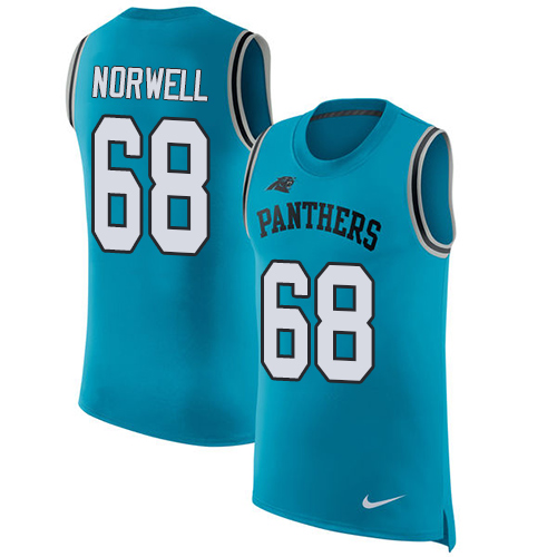 Men's Nike Carolina Panthers #68 Andrew Norwell Blue Rush Player Name & Number Tank Top NFL Jersey