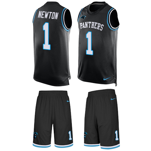 Men's Nike Carolina Panthers #1 Cam Newton Limited Black Tank Top Suit NFL Jersey