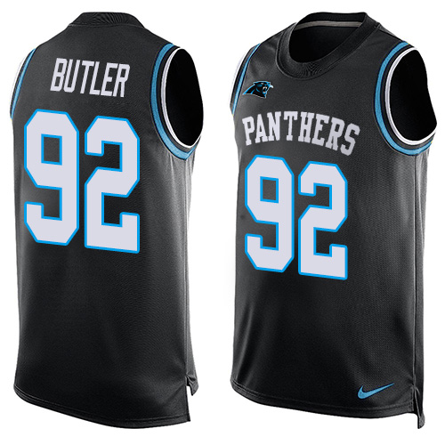 Men's Nike Carolina Panthers #92 Vernon Butler Limited Black Player Name & Number Tank Top NFL Jersey