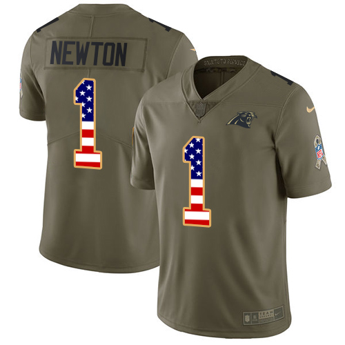 Men's Nike Carolina Panthers #1 Cam Newton Limited Olive/USA Flag 2017 Salute to Service NFL Jersey