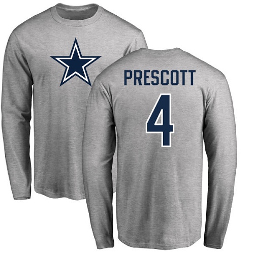NFL Nike Dallas Cowboys #4 Dak Prescott Ash Name & Number Logo Long Sleeve T-Shirt