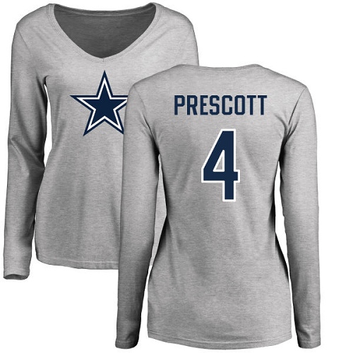 NFL Women's Nike Dallas Cowboys #4 Dak Prescott Ash Name & Number Logo Slim Fit Long Sleeve T-Shirt