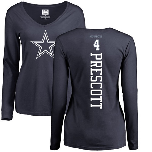 NFL Women's Nike Dallas Cowboys #4 Dak Prescott Navy Blue Backer Slim Fit Long Sleeve T-Shirt