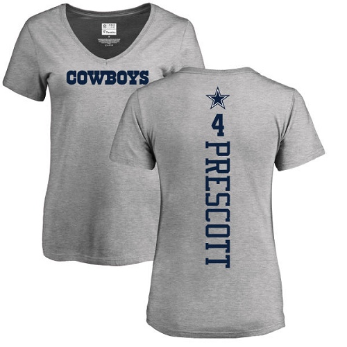 NFL Women's Nike Dallas Cowboys #4 Dak Prescott Ash Backer V-Neck T-Shirt