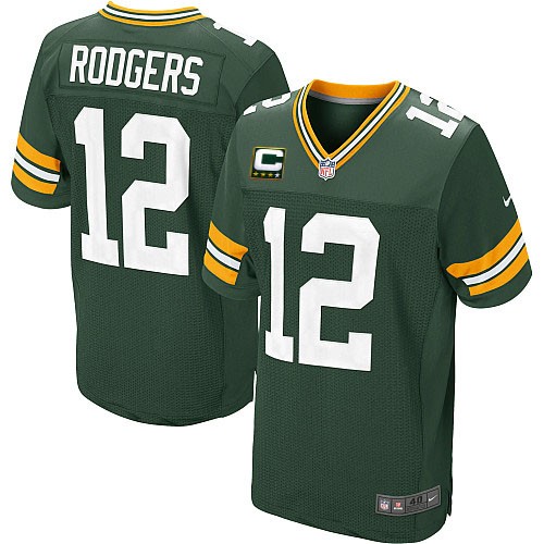 Men's Nike Green Bay Packers #12 Aaron Rodgers Elite Green Team Color C Patch NFL Jersey