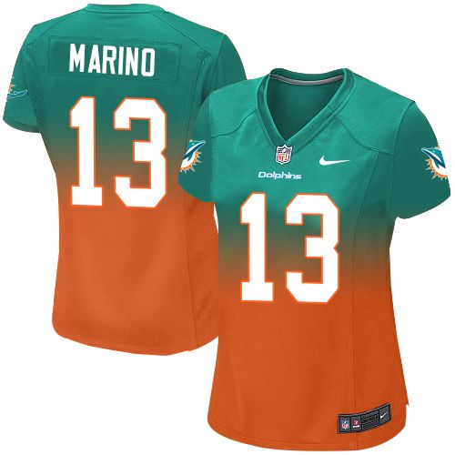 Women's Nike Miami Dolphins #13 Dan Marino Elite Aqua Green/Orange Fadeaway NFL Jersey