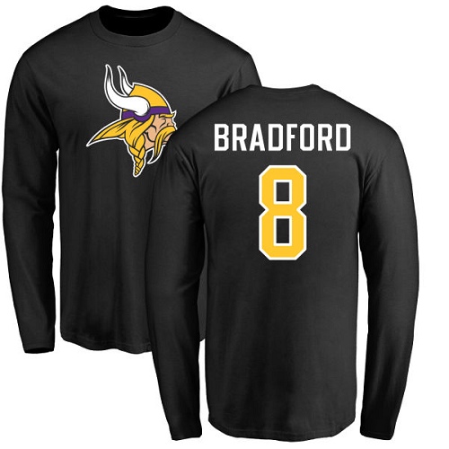 NFL Nike Minnesota Vikings #8 Sam Bradford Black Name & Number Logo Long Sleeve T-Shirt