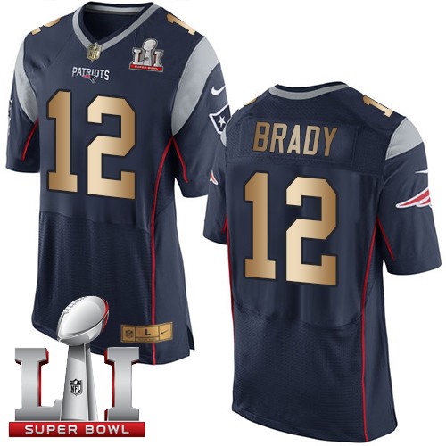 Men's Nike New England Patriots #12 Tom Brady Elite Navy/Gold Team Color Super Bowl LI 51 NFL Jersey