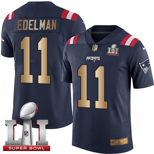 Men's Nike New England Patriots #11 Julian Edelman Limited Navy/Gold Rush Super Bowl LI 51 NFL Jersey