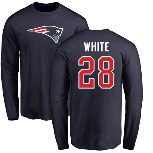 NFL Nike New England Patriots #28 James White Navy Blue Name & Number Logo Long Sleeve T-Shirt