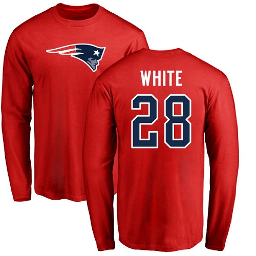 NFL Nike New England Patriots #28 James White Red Name & Number Logo Long Sleeve T-Shirt