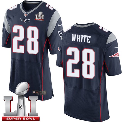 Men's Nike New England Patriots #28 James White Elite Navy Blue Team Color Super Bowl LI 51 NFL Jersey
