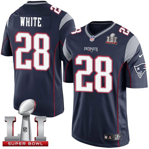 Youth Nike New England Patriots #28 James White Elite Navy Blue Team Color Super Bowl LI 51 NFL Jersey