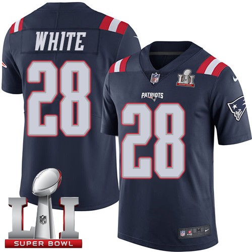 Men's Nike New England Patriots #28 James White Limited Navy Blue Rush Super Bowl LI 51 NFL Jersey