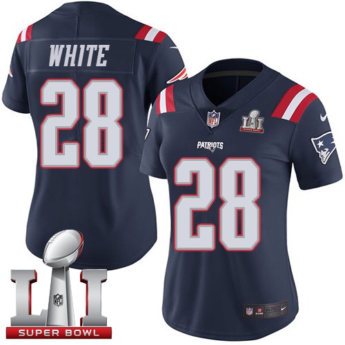 Women's Nike New England Patriots #28 James White Limited Navy Blue Rush Super Bowl LI 51 NFL Jersey