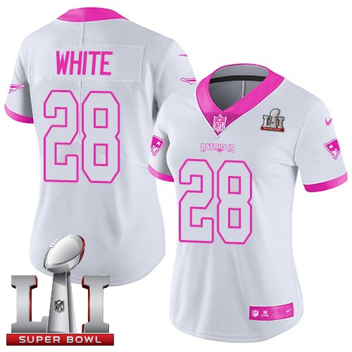 Women's Nike New England Patriots #28 James White Limited White/Pink Rush Fashion Super Bowl LI 51 NFL Jersey