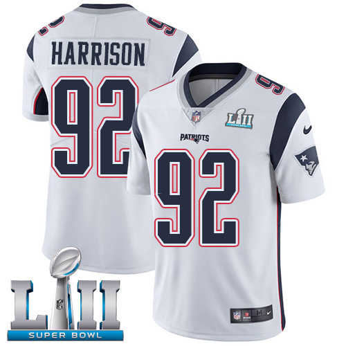 Men's Nike New England Patriots #92 James Harrison White Vapor Untouchable Limited Player Super Bowl LII NFL Jersey