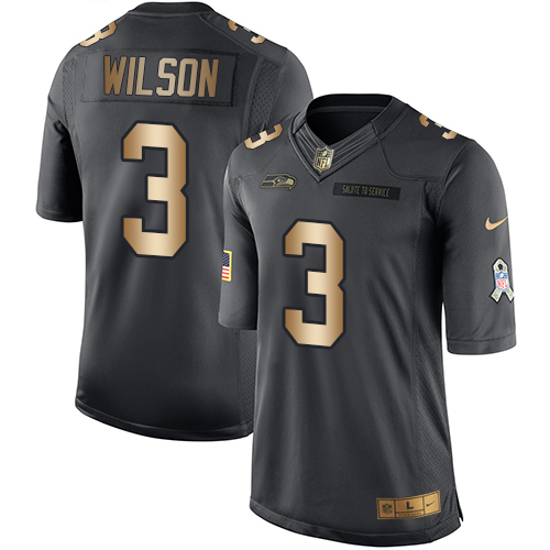 Men's Nike Seattle Seahawks #3 Russell Wilson Limited Black/Gold Salute to Service NFL Jersey